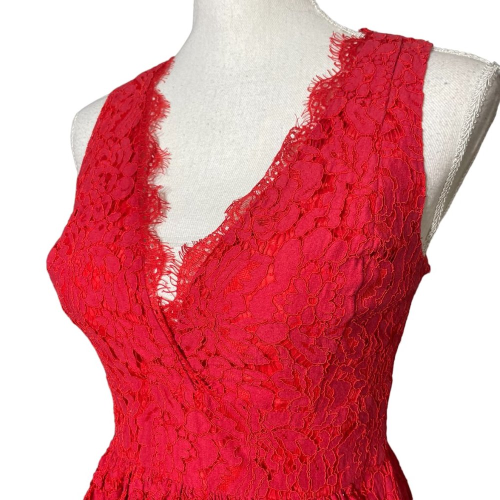Lulus Lace Dress S Allover Surplice V-Neck A-Line Skater Eyelash Scalloped Red - Picture 8 of 13